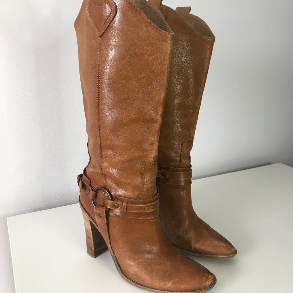 BCBG Maxazria Rusty Tan Leather High Heel Boots